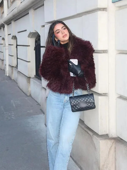 Burgundy Red Faux Fur Lapel Coat