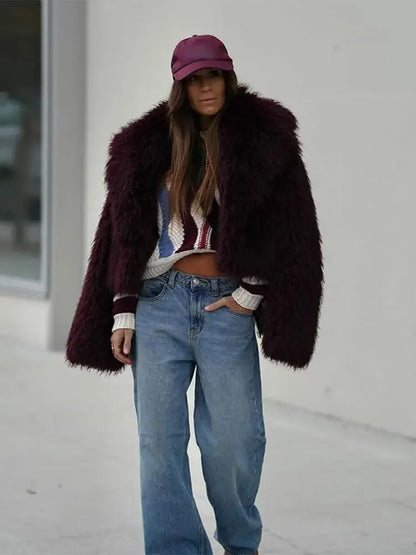 Burgundy Red Faux Fur Lapel Coat