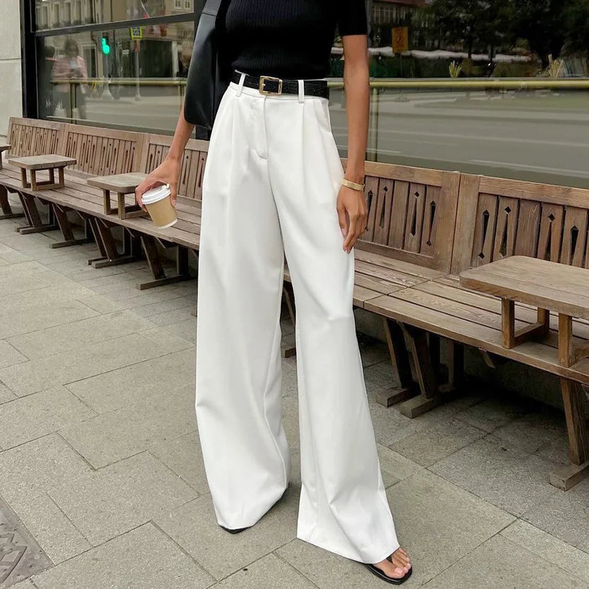 High Waist White Wide Leg Pleated Pants for Women