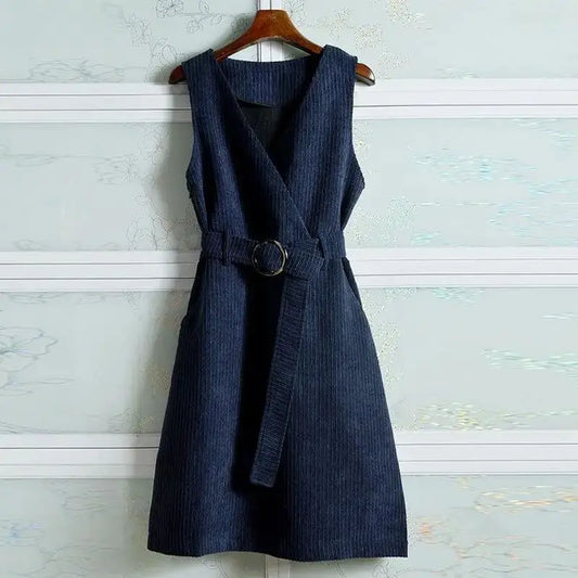 V-neck Sleeveless Corduroy Vest Dress with Pockets - Elegant Spring Autumn Style 2024