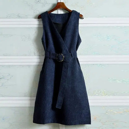 V-neck Sleeveless Corduroy Vest Dress with Pockets - Elegant Spring Autumn Style 2024