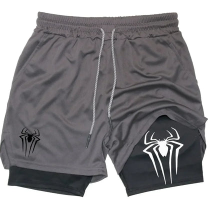 Mens Y2K Spider Print Compression Shorts - 5-Inch Quick-Dry Gym Training Shorts with Pockets Breathable 2-in-1 Design