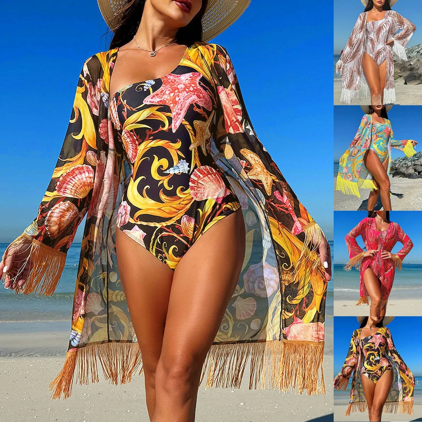 Chiffon Beach Cover-Up Set - Floral Print Bikini Wrap Swimwear