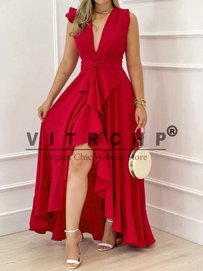 Elegant Sleeveless V-Neck Pleated Dress - Summer Evening Party Prom Wear