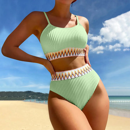 High Waist Color Block V-Neck Bikini Set for Women