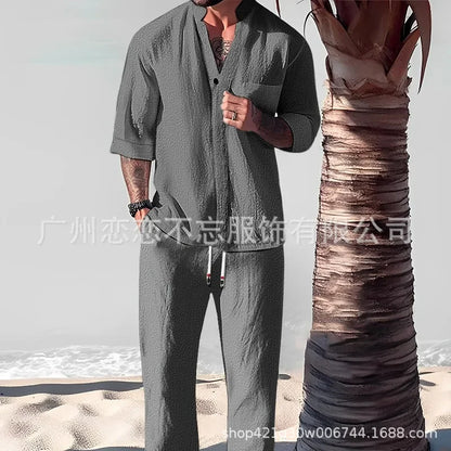 Mens V-Neck Casual Cotton Linen Two-Piece Set