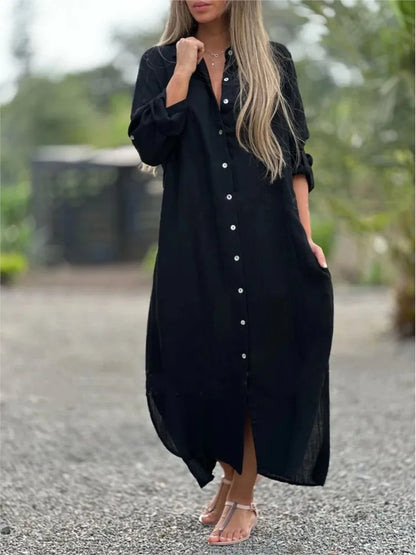 Cotton Linen Long Sleeve Shirt Dress - Elegant Casual Cardigan for Spring Autumn