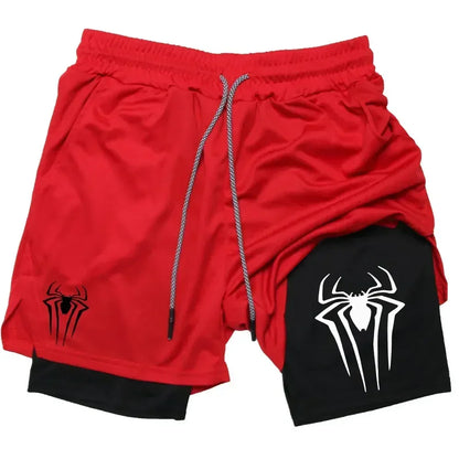 Mens Y2K Spider Print Compression Shorts - 5-Inch Quick-Dry Gym Training Shorts with Pockets Breathable 2-in-1 Design