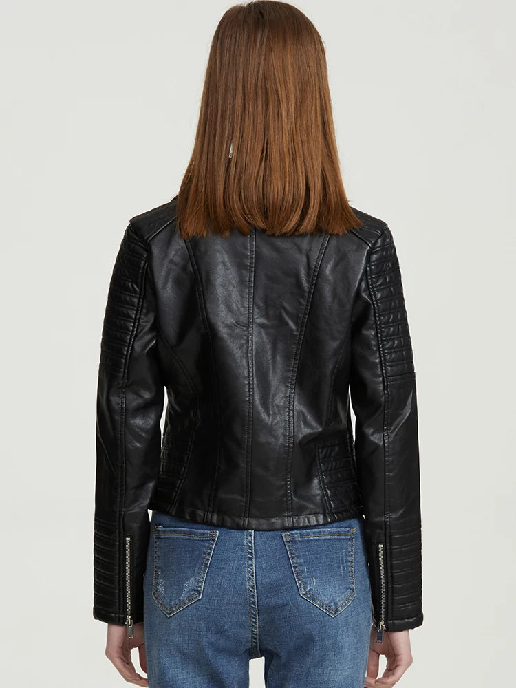 Faux Leather Motorcycle Jacket for Women - Black with Rivet Detail and Turndown Collar