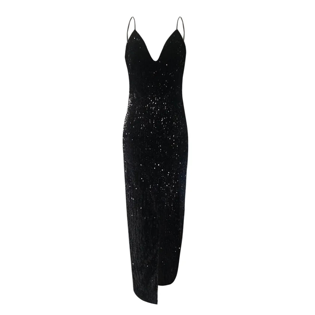 Backless Satin Sequin Maxi Dress for Women - Spaghetti Strap Evening Party Dress with Side Slit