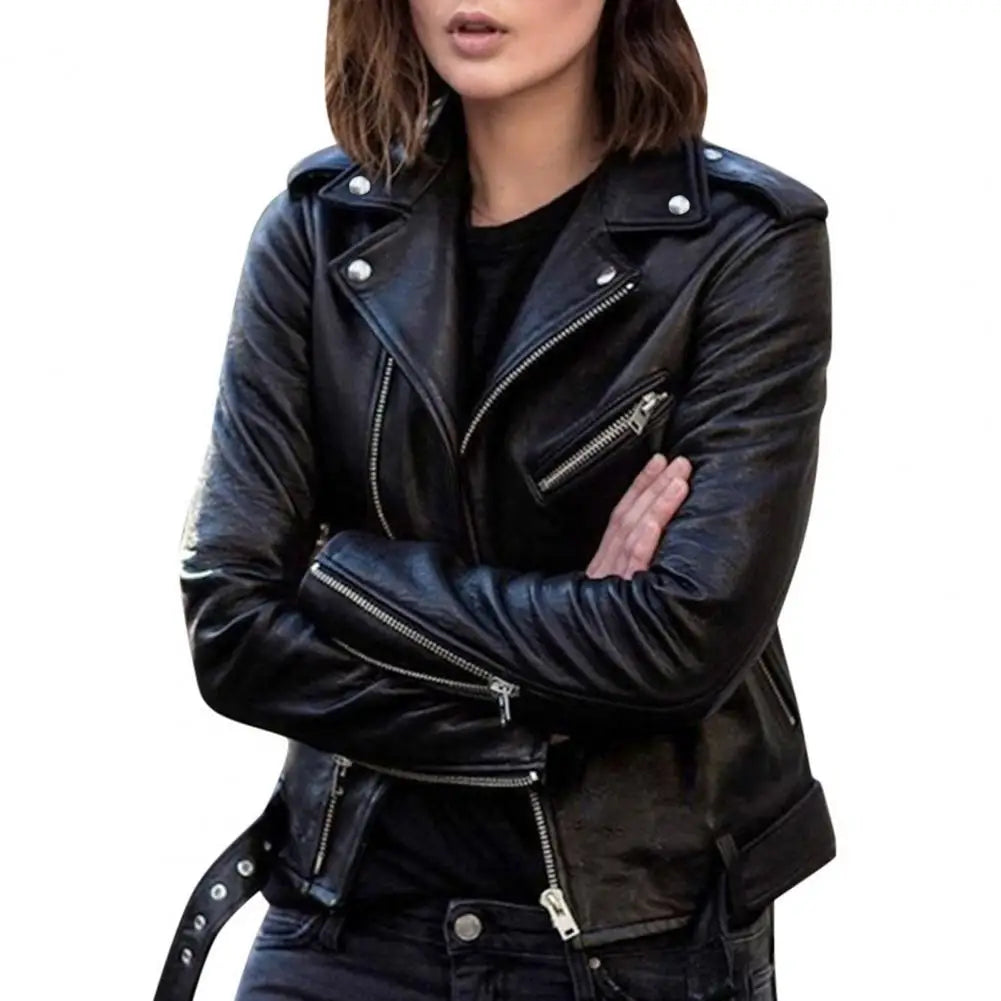 Ladies Faux Leather Moto Jacket - Slim Fit Autumn Biker Outwear