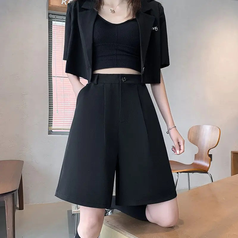 Black High Waist Suit Shorts for Women - Loose Elastic Waist Casual Wide Leg Ice Silk Summer Pants