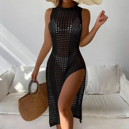 Summer Womens Knitted Beach Cover-Up Dress with Double Side Slits  Sleeveless Design