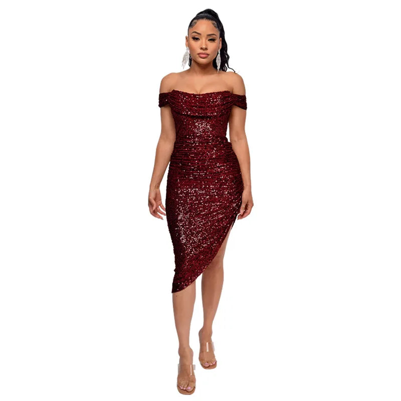 Off-Shoulder Sequin Bodycon Dress - Stylish Knee Length Party Dress