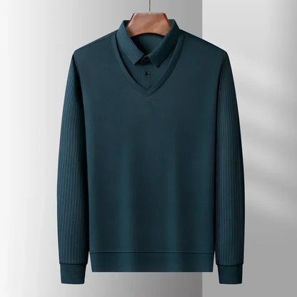 Mens Fake Collar Casual Long Sleeve Pullover Tee - Lapel Polo Sweater