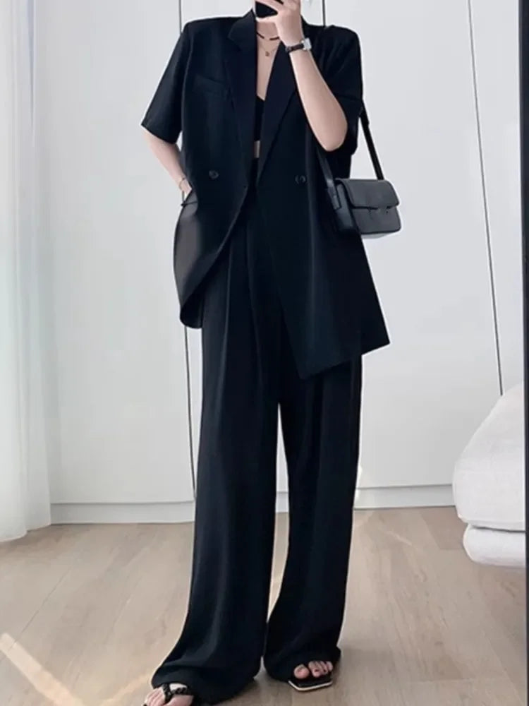 Chic Womens Blazer and Wide Leg Pants Suit Set - Stylish Two-Piece Outfit