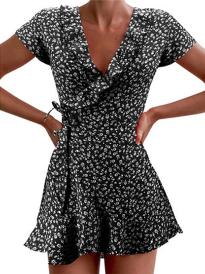 Floral A-Line Mini Dress - Elegant Ruffled V-Neck Summer Dress for Women