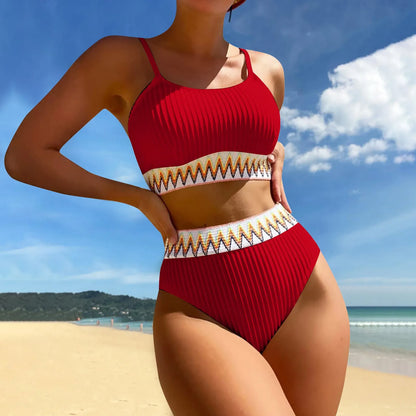 High Waist Color Block V-Neck Bikini Set for Women