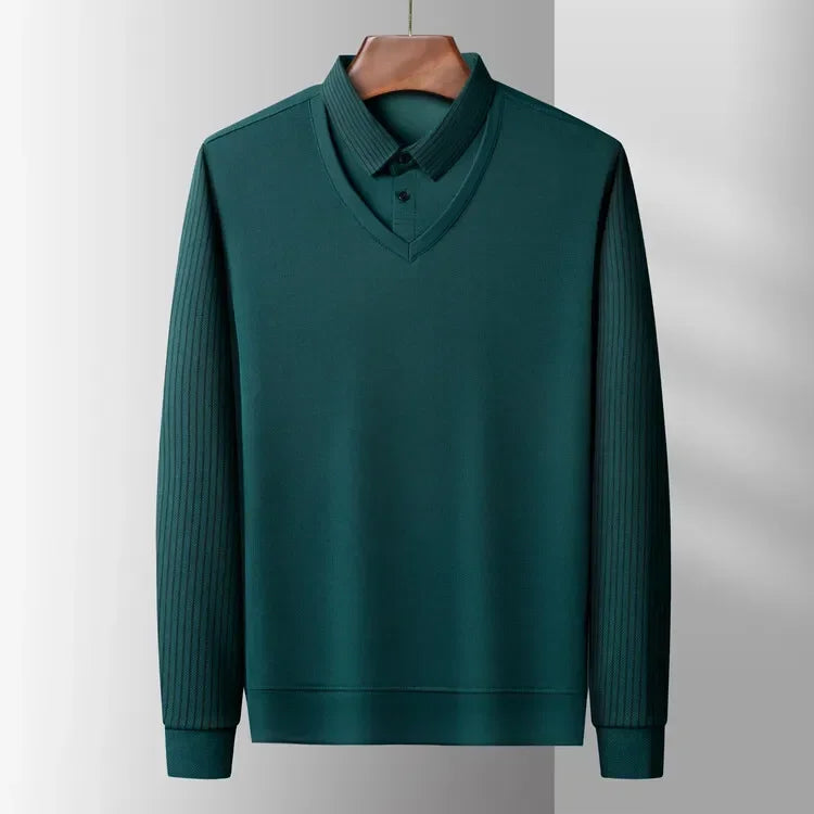 Mens Fake Collar Casual Long Sleeve Pullover Tee - Lapel Polo Sweater