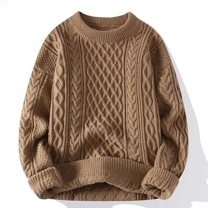 Mens Loose-Fit Round Neck Sweater - Solid Color Knitwear for Autumn Casual Wear