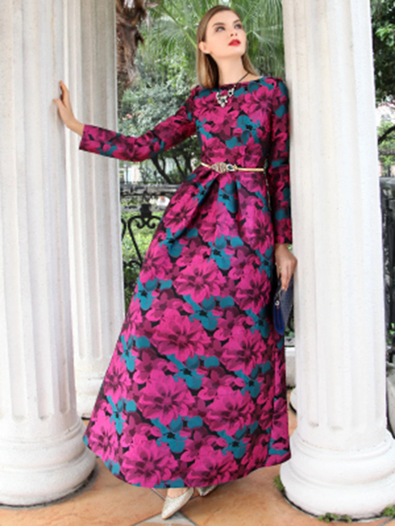 Elegant Floral Jacquard Maxi Dress for Women