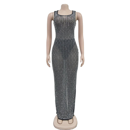 Elegant Rhinestone Mesh Long Dress for Women  See-Through Party Club