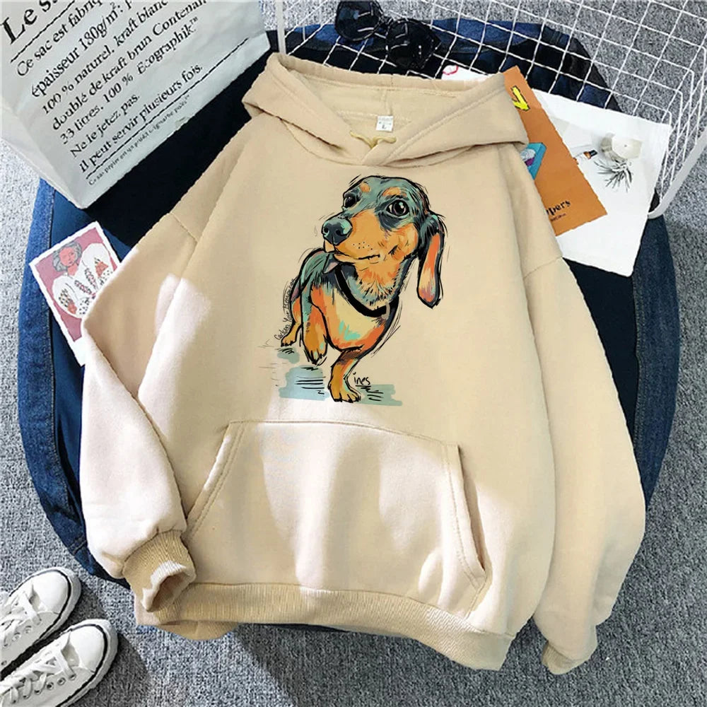 Funny Dachshund Hoodie for Women  Korean Style Anime Graphic Sweatshirt