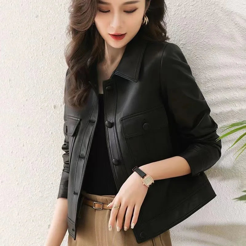 Womens PU Leather Lapel Jacket - Stylish Short Coat for Spring Autumn