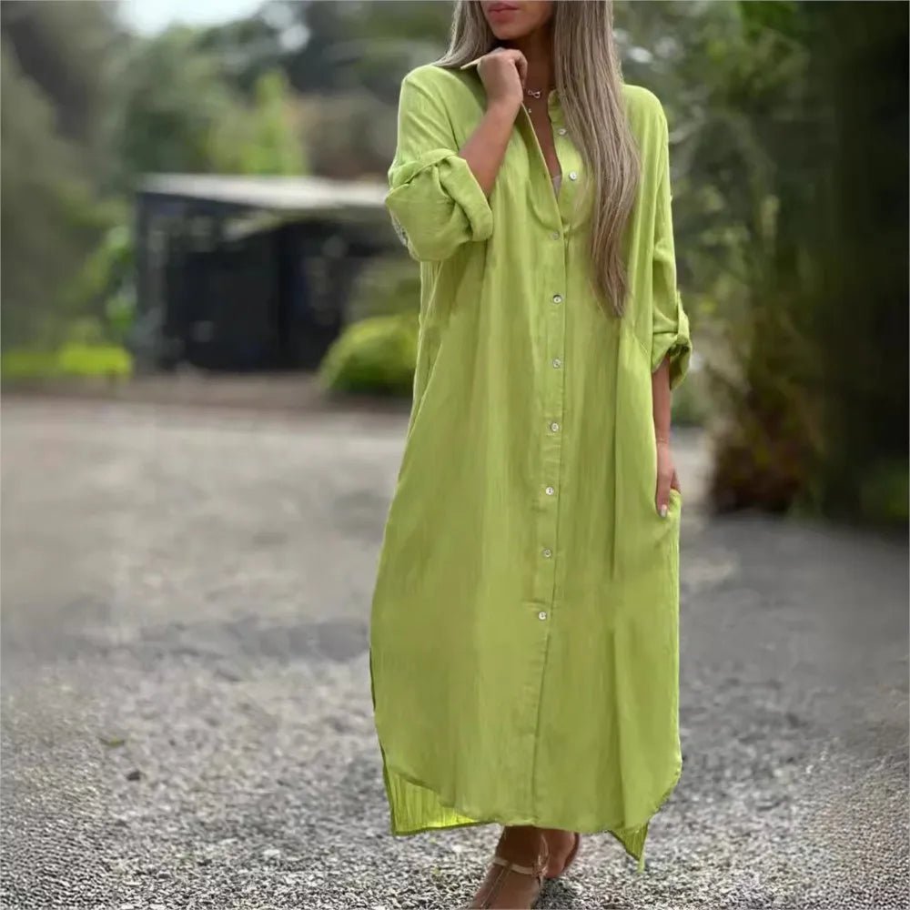 Cotton Linen Long Sleeve Shirt Dress - Elegant Casual Cardigan for Spring Autumn