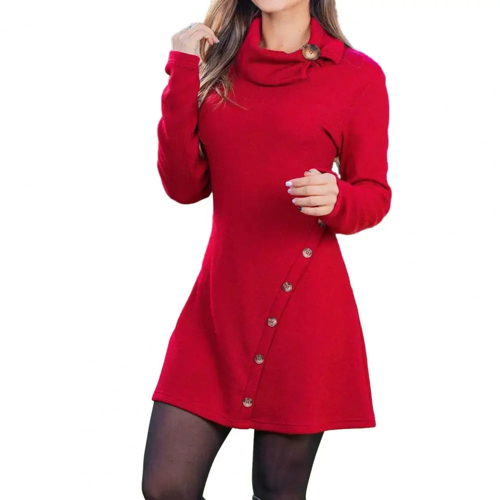 Womens High Waist Long Sleeve Mini Dress with Piled Collar - Solid Color Autumn Winter Streetwear