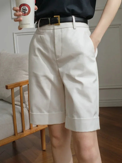 High Waist Knee-Length White Shorts for Women