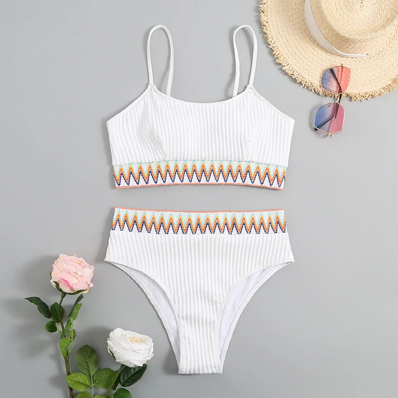 High Waist White Bikini Set - Sexy Patchwork Brazilian Swimwear