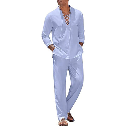 Mens Cotton Linen Beach Suit - 2pcs Shirt  Sweatpants Tracksuit