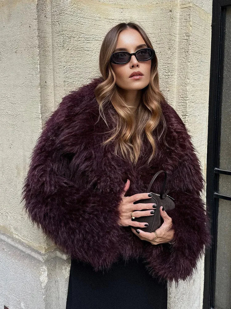 Womens Warm Long Sleeve Faux Fur Coat with Elegant Turn Down Collar