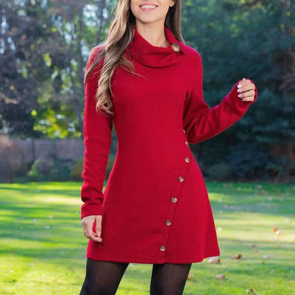 Womens High Waist Long Sleeve Mini Dress with Piled Collar - Solid Color Autumn Winter Streetwear