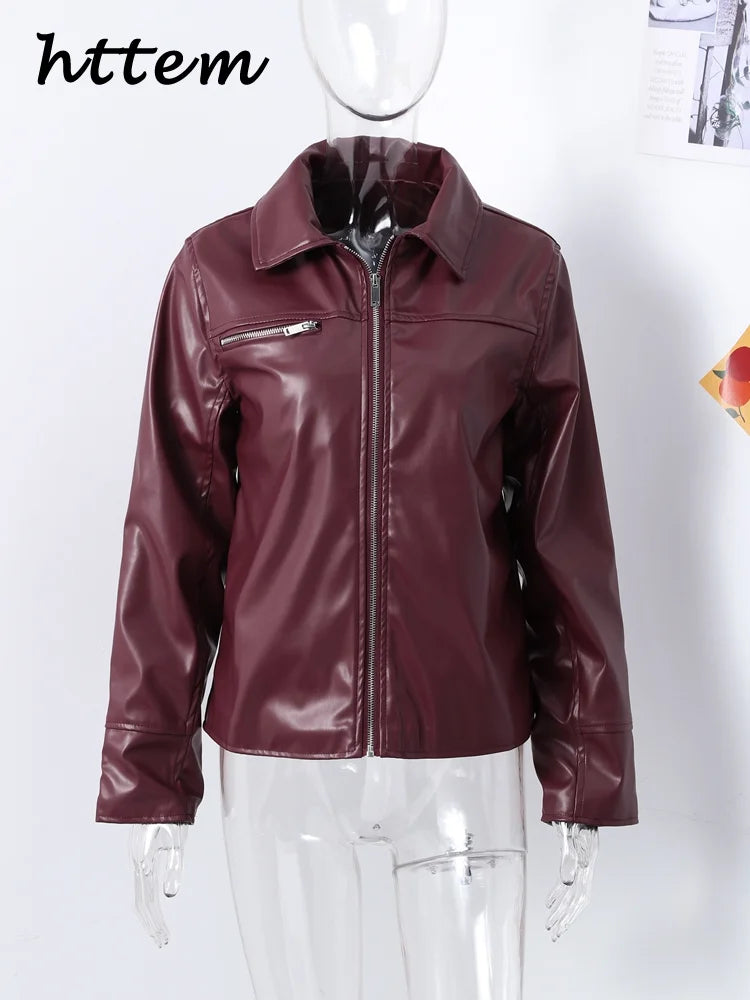 Vintage Red Wine Leather Jacket for Women