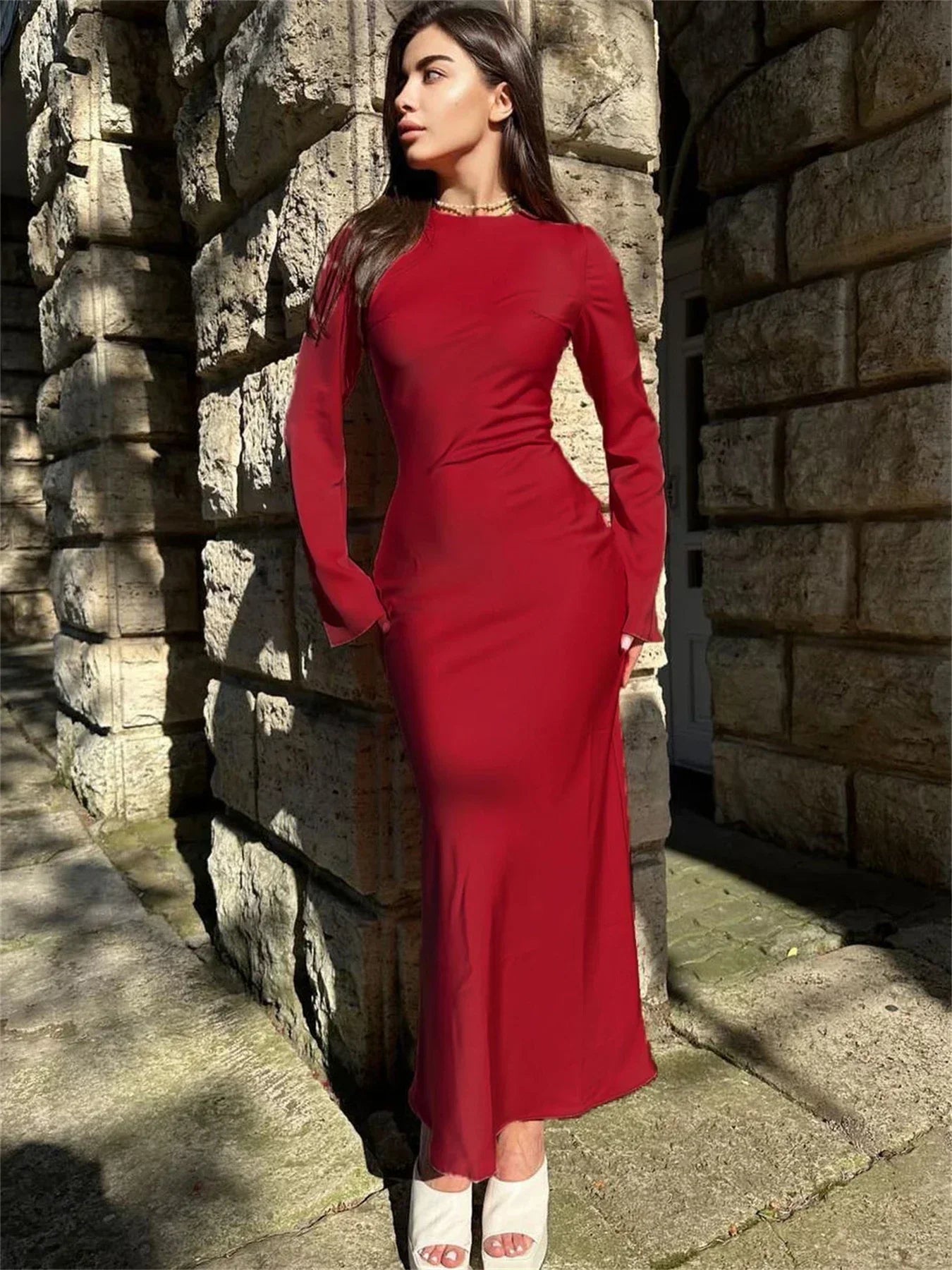 Elegant Solid Long Sleeve High Waist Party Dress for Women