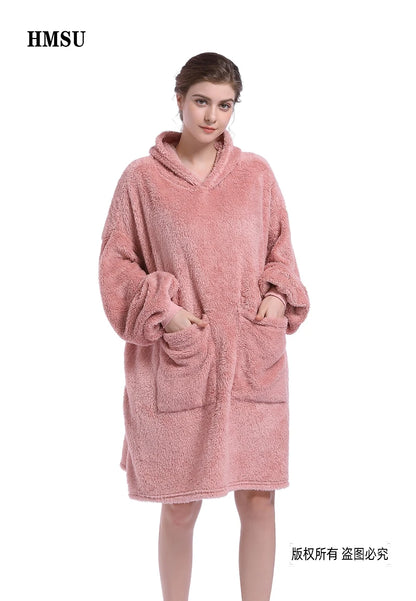 Oversized Plaid Hoodie Blanket Sweatshirt - Fleece Hoody with Sleeves and Pocket for Women