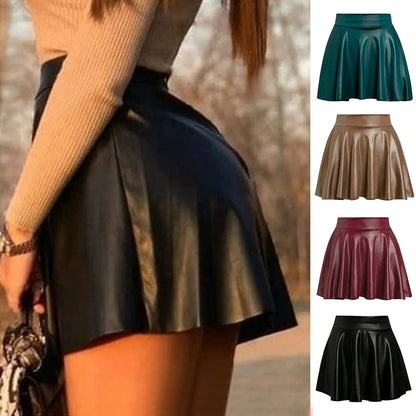 High Waist Metallic Leather Pleated Mini Skirt