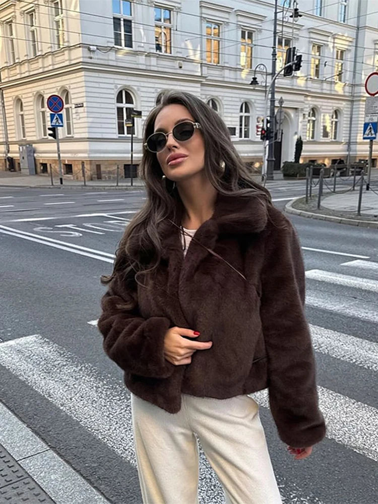 Warm Brown Faux Fur Coat - Plush Short Outwear for Women