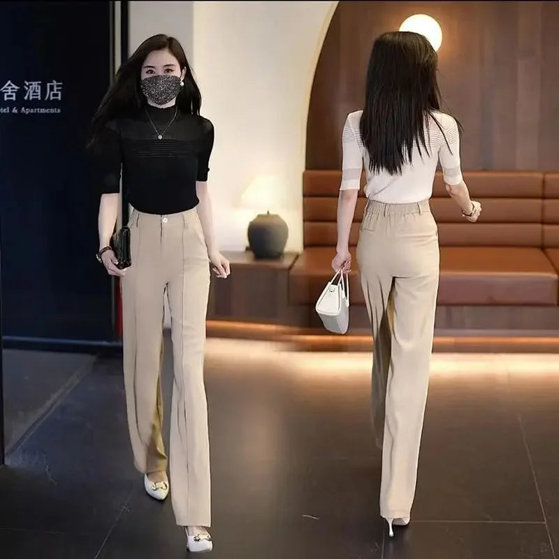 High Waist Khaki Office Trousers - Womens Straight Leg Cotton Pants