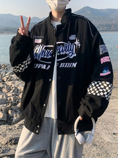 Embroidered Plaid Bomber Jacket - Unisex Y2K Hip Hop Streetwear for Autumn