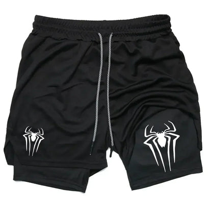 Mens Y2K Spider Print Compression Shorts - 5-Inch Quick-Dry Gym Training Shorts with Pockets Breathable 2-in-1 Design