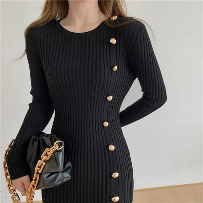 Slimming Knit Dress for Women - Elegant Knee-Length Sweater Dress for AutumnWinter 2023