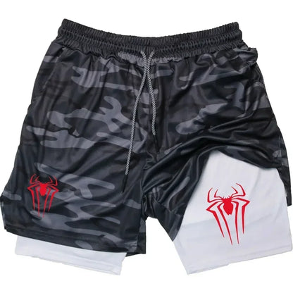 Mens Y2K Spider Print Compression Shorts - 5-Inch Quick-Dry Gym Training Shorts with Pockets Breathable 2-in-1 Design