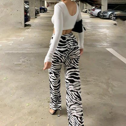 Y2K Zebra Print Wide Leg Trousers - High Waist Casual Summer Pants for Women