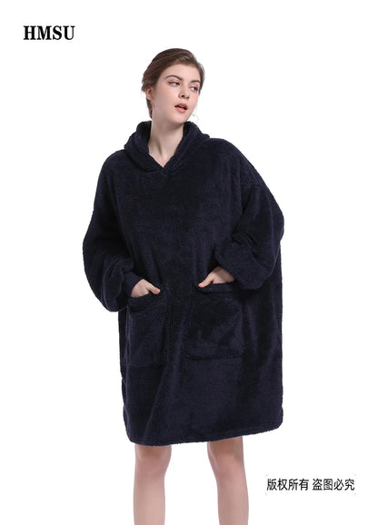 Oversized Plaid Hoodie Blanket Sweatshirt - Fleece Hoody with Sleeves and Pocket for Women