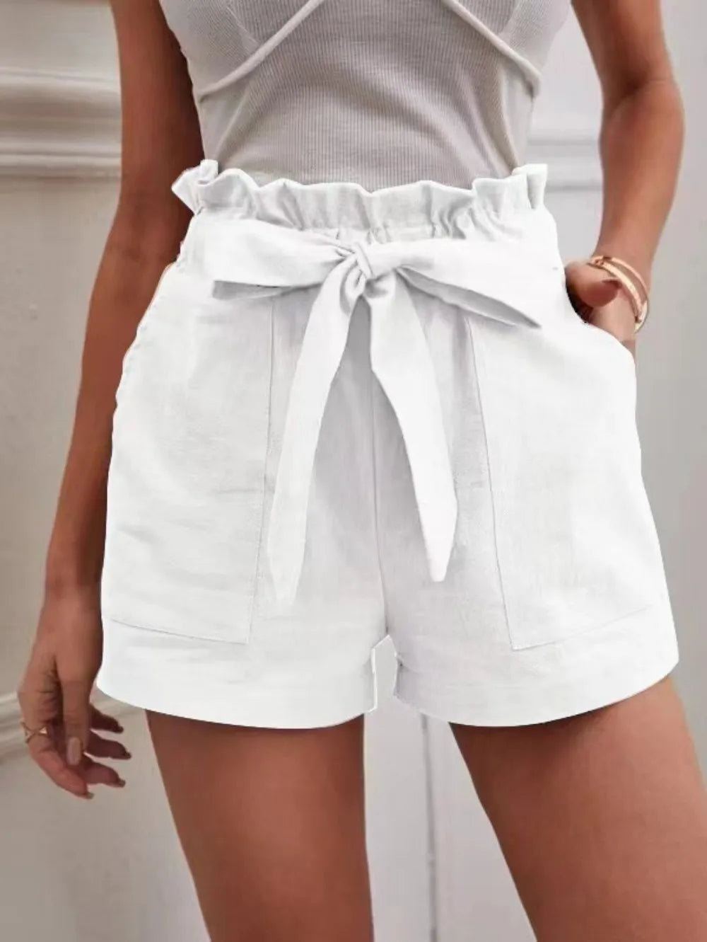 High-Waisted Linen Shorts for Women - Casual Wide Leg with Pockets