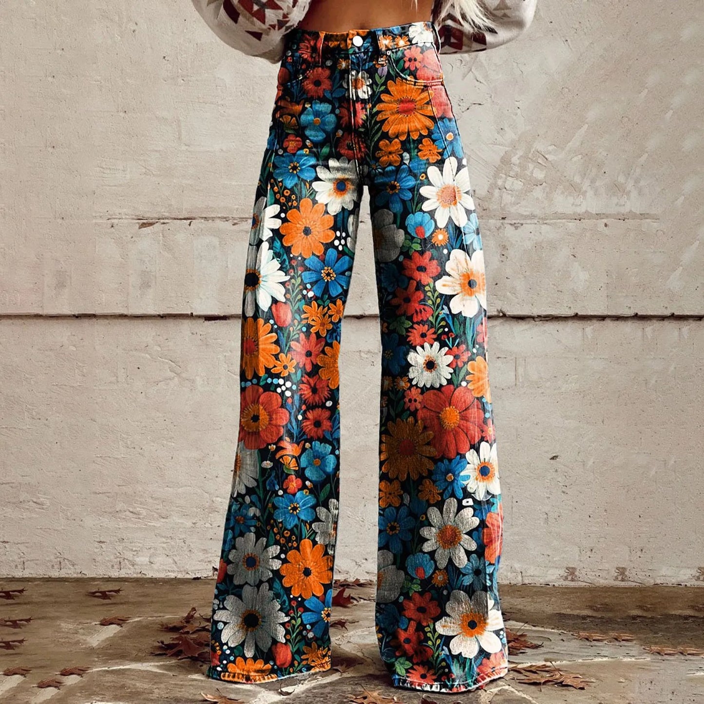 Vintage Floral Wide Leg High-Waisted Jeans