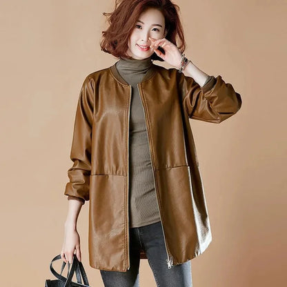 Womens Mid-Long Leather Baseball Jacket